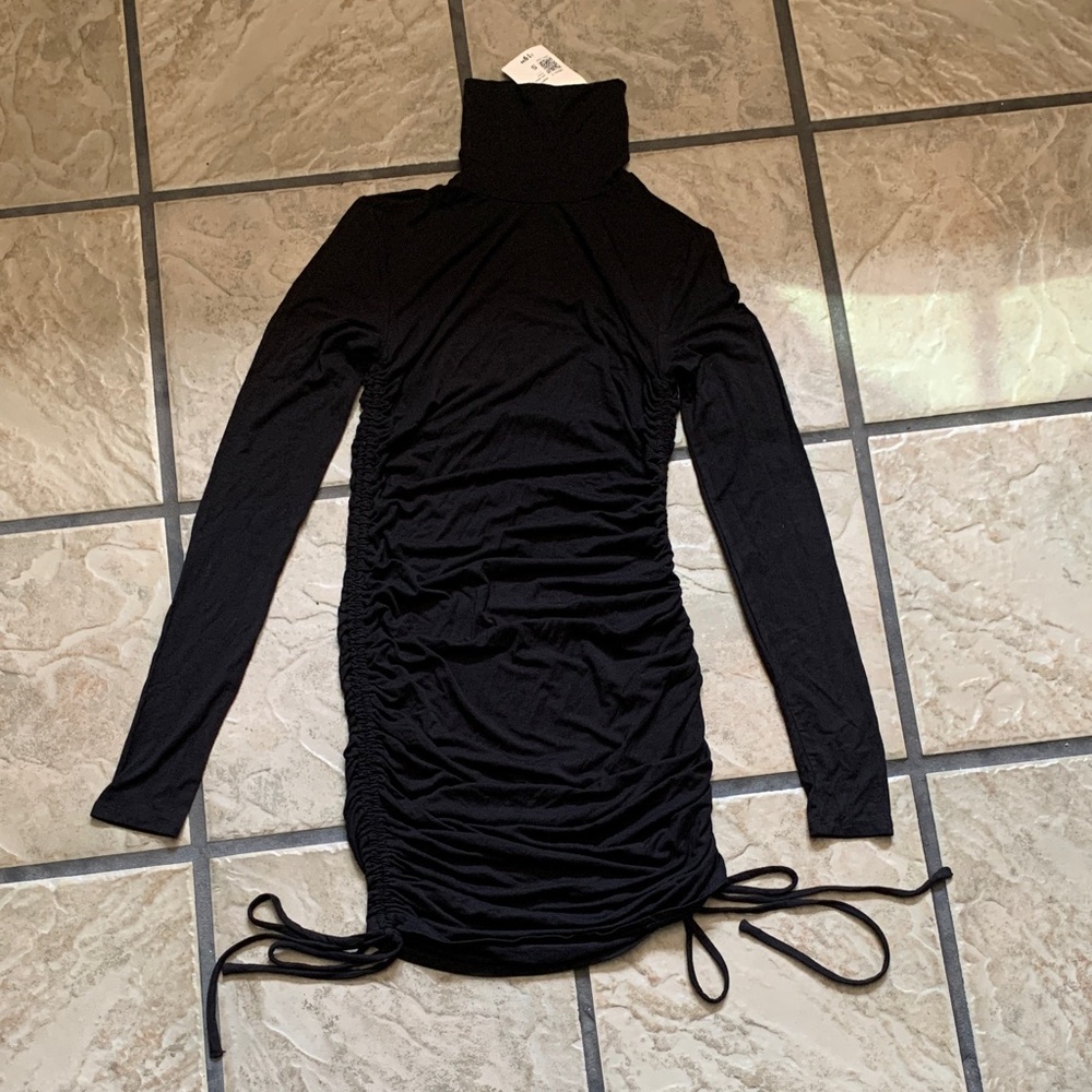 Forever 21 Black Long-Sleeve Turtleneck Ruched Drawstring Dress